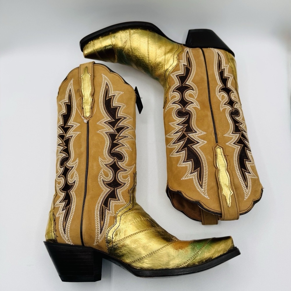 Dan Post Genuine Eel Exotic Boots Women's Size 9 Crackle Gold Metallic Leather - Picture 9 of 16